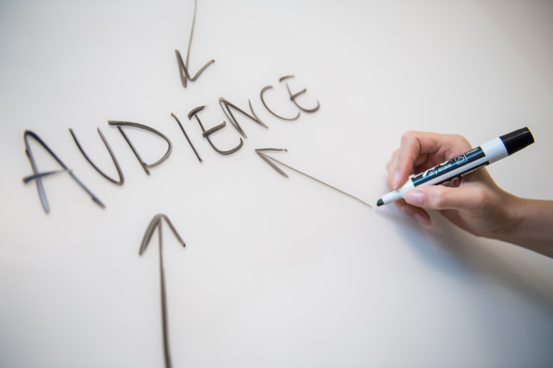 Person writing the word 'audience' with arrows pointing to it.